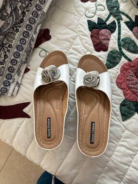 Good Choice White Slide Mules with Rosette Accent